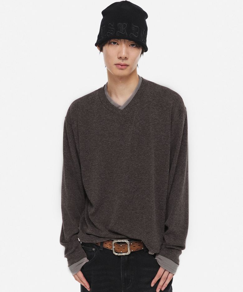 레이어드 브이넥 롱슬리브 브라운/베이지