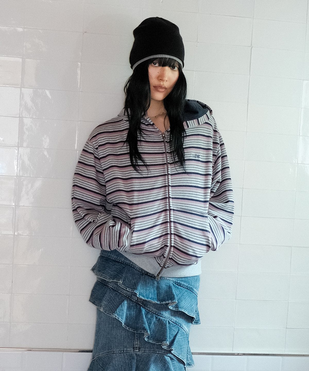 나이스고스트클럽(NICEGHOSTCLUB) STRIPE 3STAR HOODIE ZIP UP_PINK(NG2GFUM483A)
