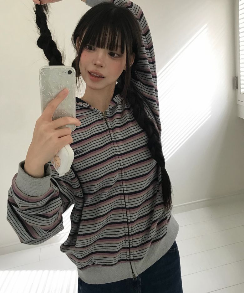 STRIPE 3STAR HOODIE ZIP UP_PINK(NG2GFUM483A)