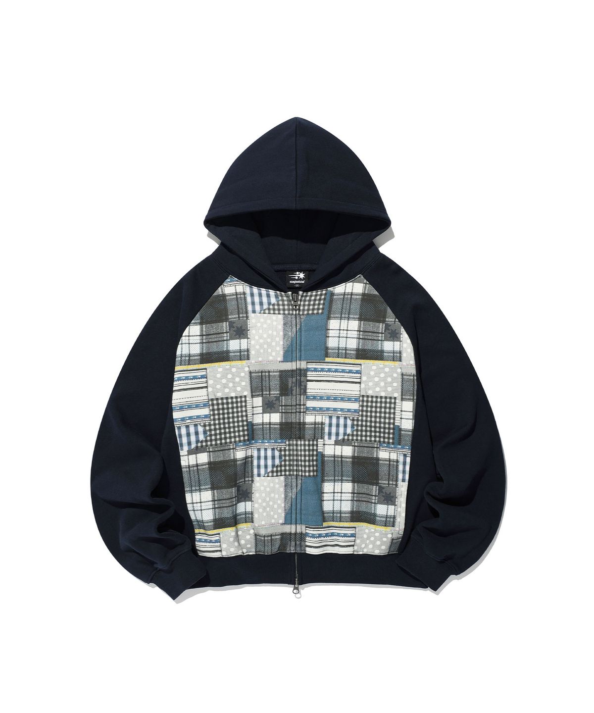 나이스고스트클럽(NICEGHOSTCLUB) PATCHWORK RAGLAN CROP HOODIE ZIP UP_NAVY(NG2GFUM490A)