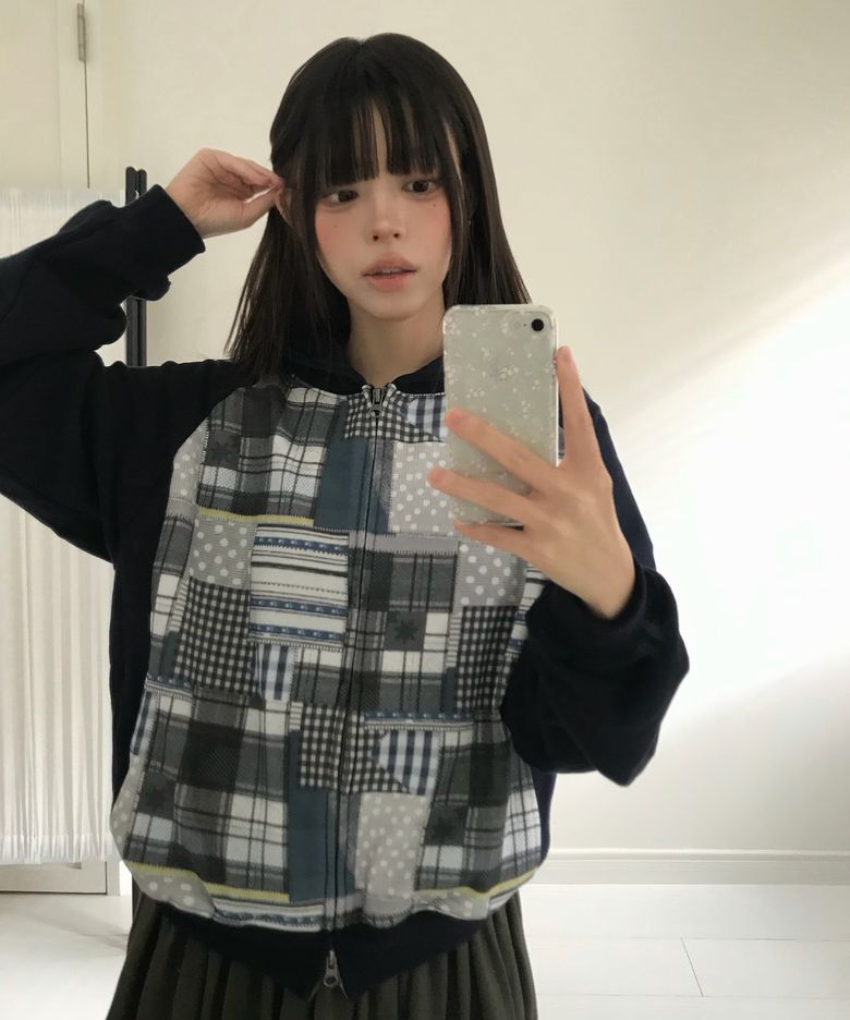 PATCHWORK RAGLAN CROP HOODIE ZIP UP_NAVY(NG2GFUM490A)