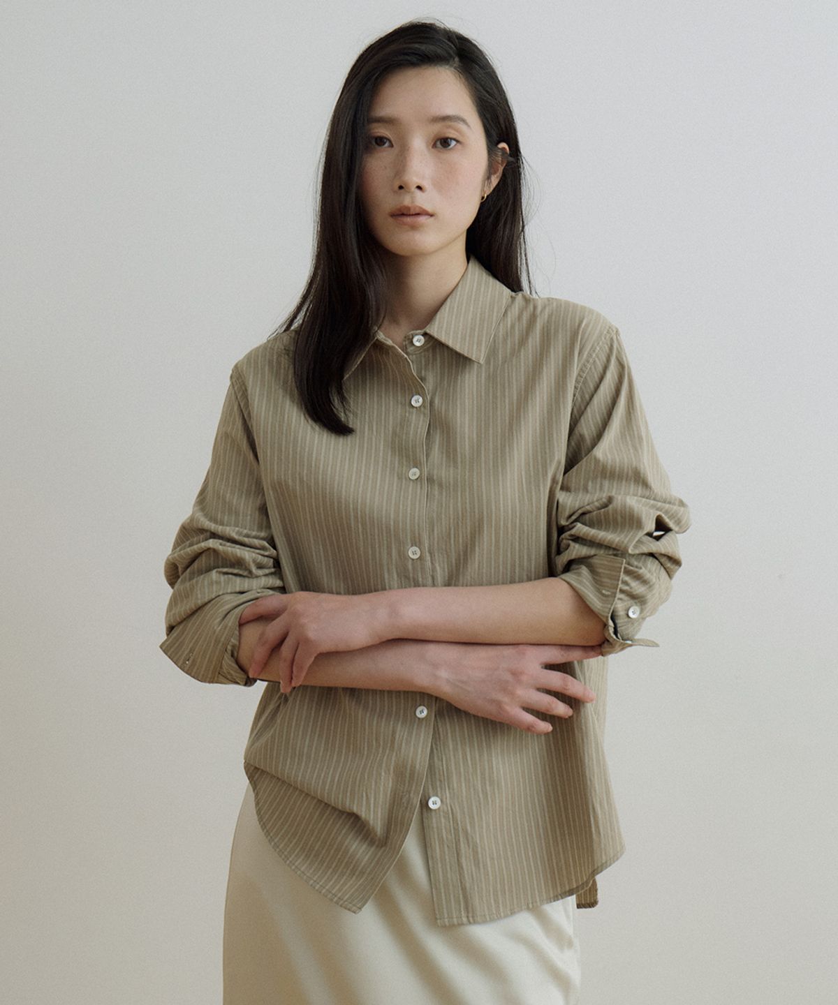 링서울(LINGSEOUL) stripe standard shirt-olive