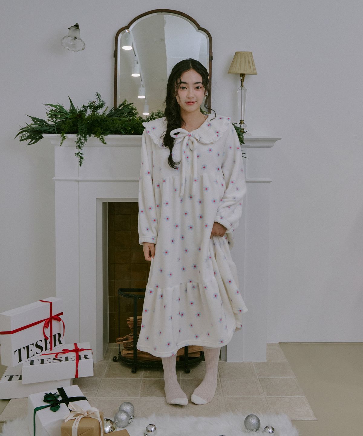 티세르(TESER) 포지 극세사수면 긴팔 잠옷 원피스