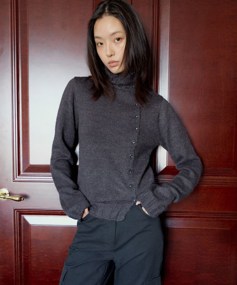 Button High-neck Cardigan - CHARCOAL