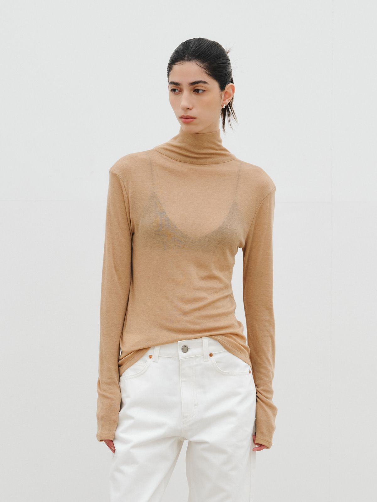 리플레인(REPLAIN) BUTTON-DOWN TURTLENECK TOP_CAMEL