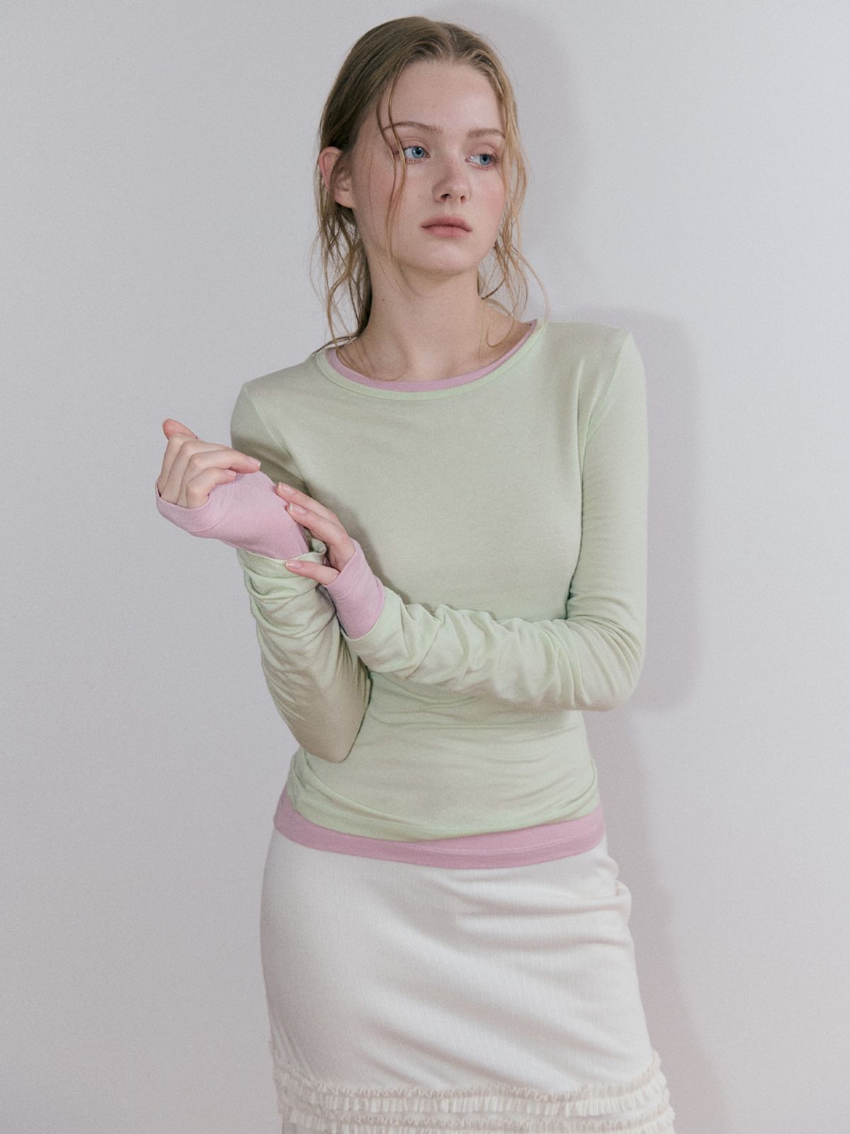 에트몽(ETMON) Basic Layered Long Sleeve T-Shirt, Light Green