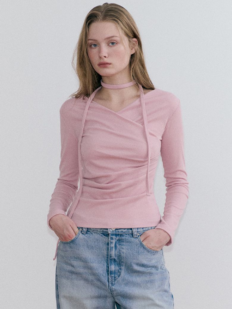 Wrap Pintuck Scarf T-Shirt, Pink