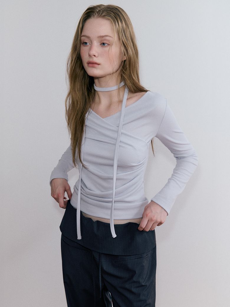 Wrap Pintuck Scarf T-Shirt, Greyish Blue