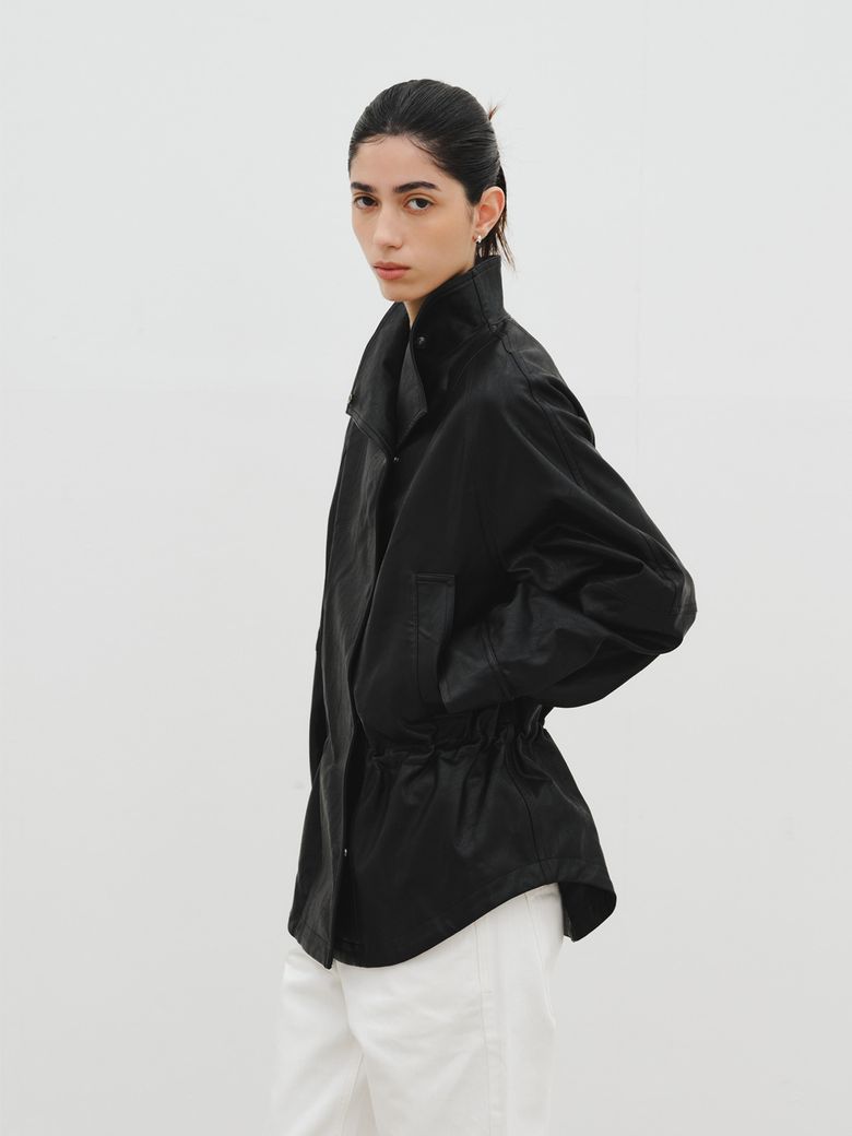 VEGAN LEATHER FUNNEL-NECK JACKET_BLACK