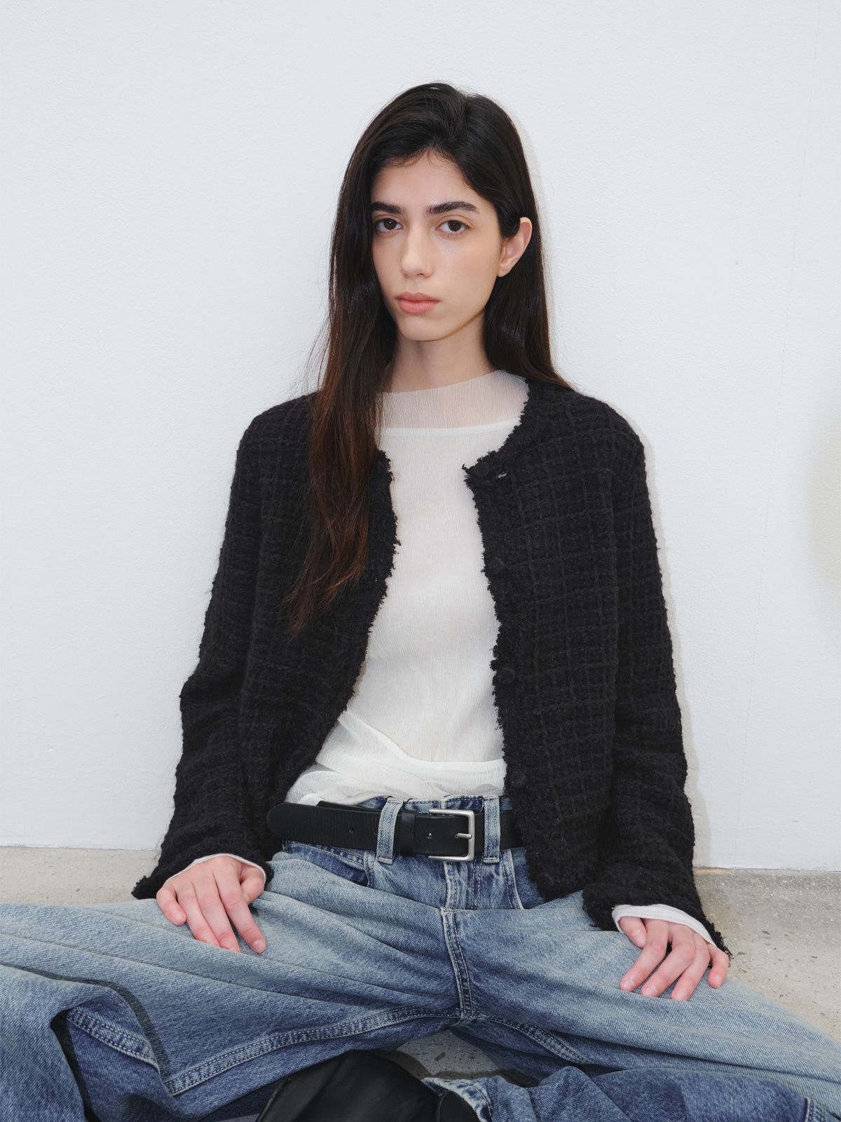 리플레인(REPLAIN) TWEED KNIT CARDIGAN_BLACK