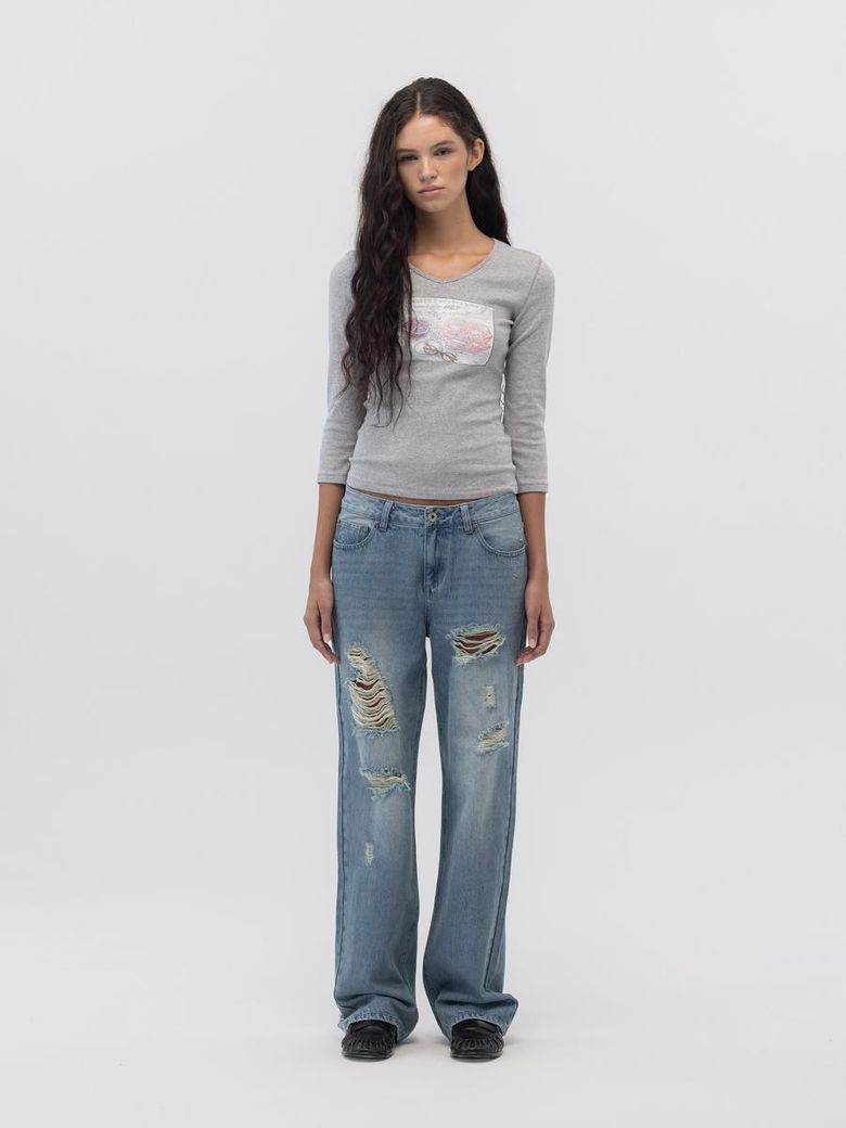 DAMAGE CINCH BACK ROLL-UP JEANS (WASHED BLUE)