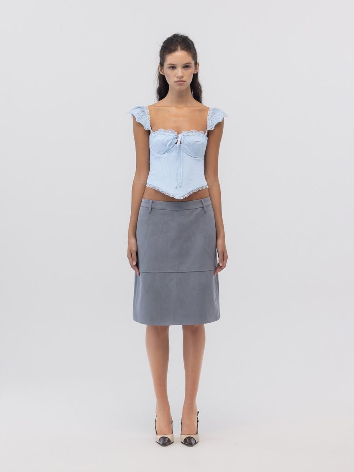 글로니(GLOWNY) SOFT CURVE MIDI SKIRT (DUSTY BLUE)