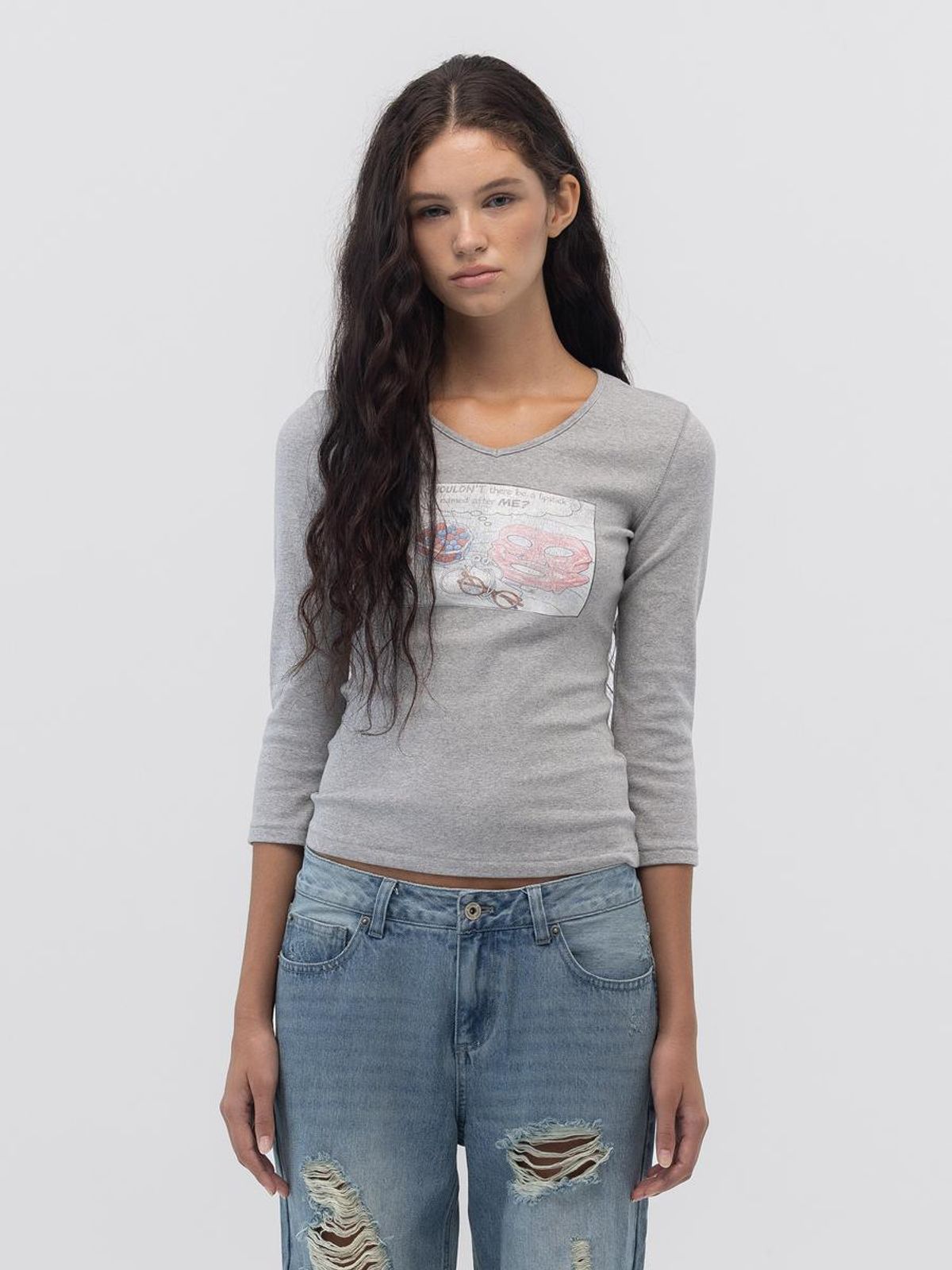 글로니(GLOWNY) OFF DUTY GIRL V NECK 3/4 SLEEVE (GRAY)
