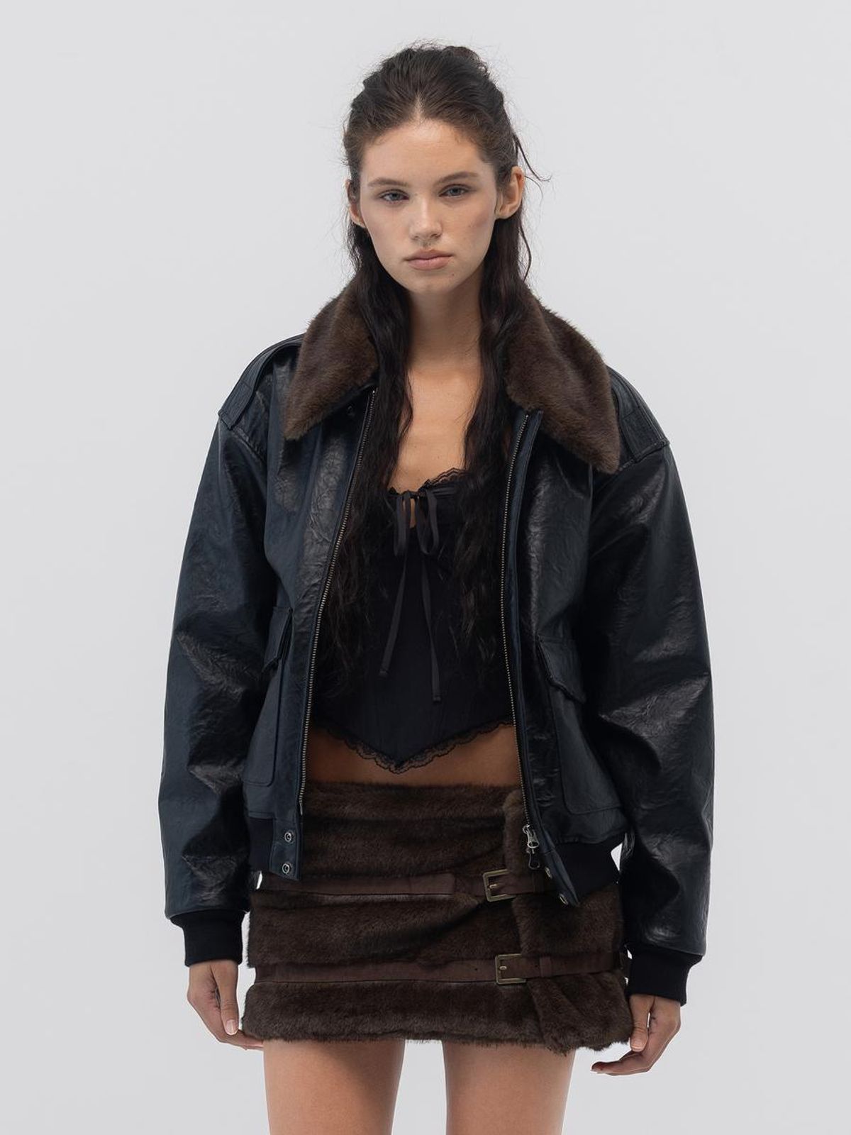 글로니(GLOWNY) SHEARLING LEATHER JACKET (BLACK)
