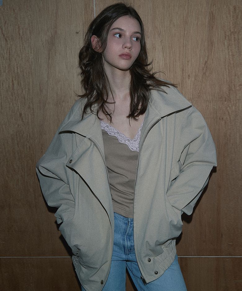 HIGH-NECK COTTON BOMBER JACKET (LIGHT BEIGE)