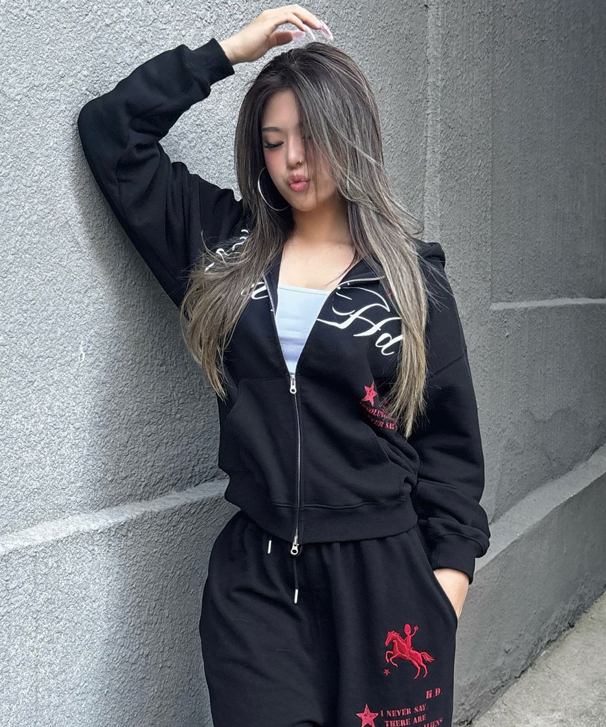 후드후드(HOODHOOD) 88 백 그래픽 스타 후드 집업 블랙
