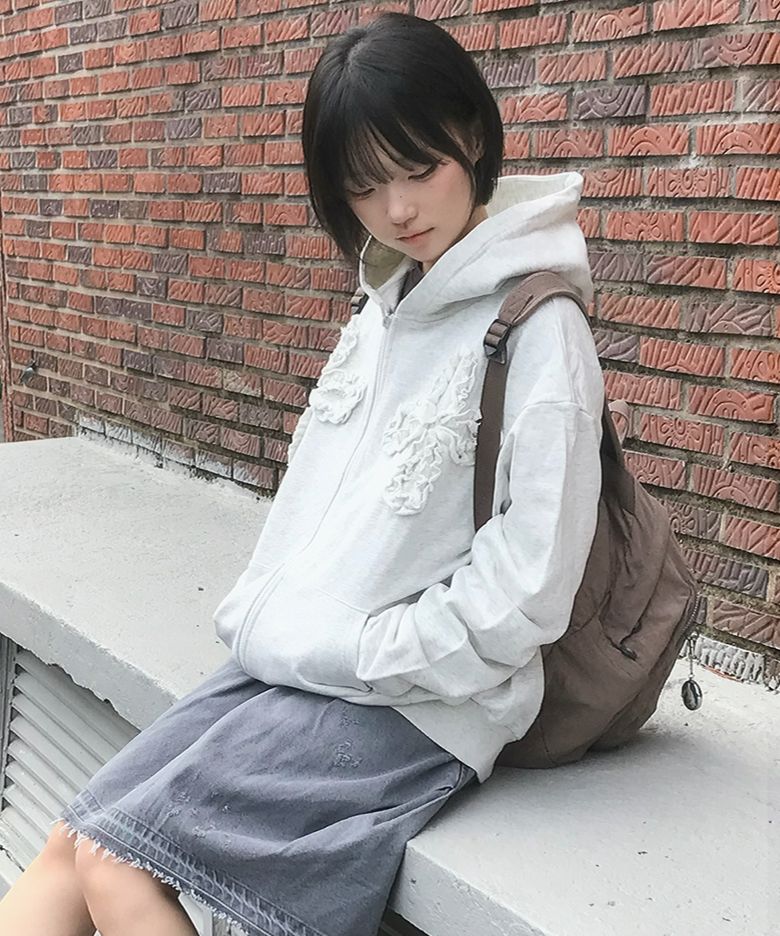 프릴 플라워 패치 포인트 베이직 투웨이 스웻 오버핏 후드 집업 자켓 [백메란지]