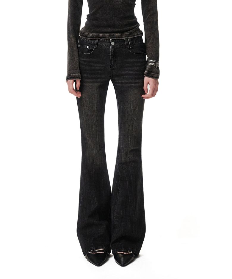 Crinkle Washed Low Rise Slim Flared Jeans DCWPT035BLACK