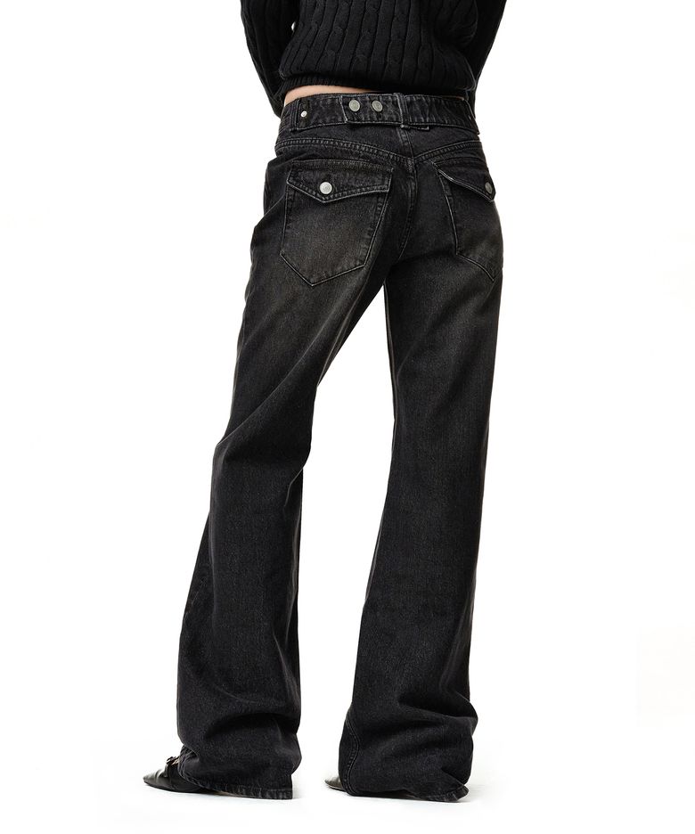 Adjustable Back Low Rise Relaxed Flared Jeans DCWPT031BLACK