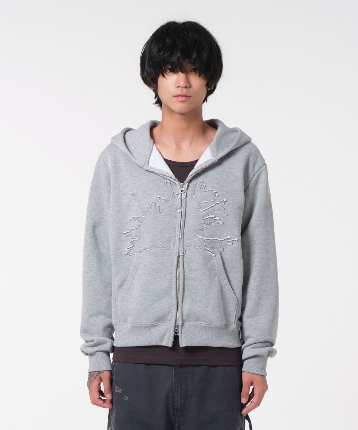 다이브인(DIVEIN) [DIVEIN X 무민서] GRAPHIC VINTAGE CROP HOOD ZIP-UP (MELANGE GRAY)