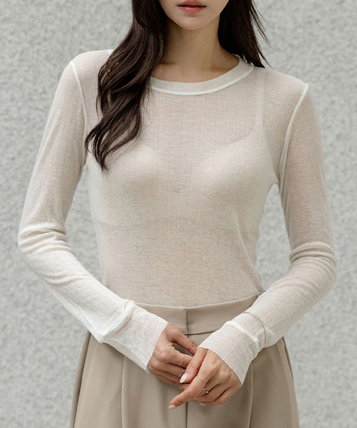 프렌치시크(FRENCHCHIC) 소브 텐셀 시스루 골지 티셔츠_F6H520TS