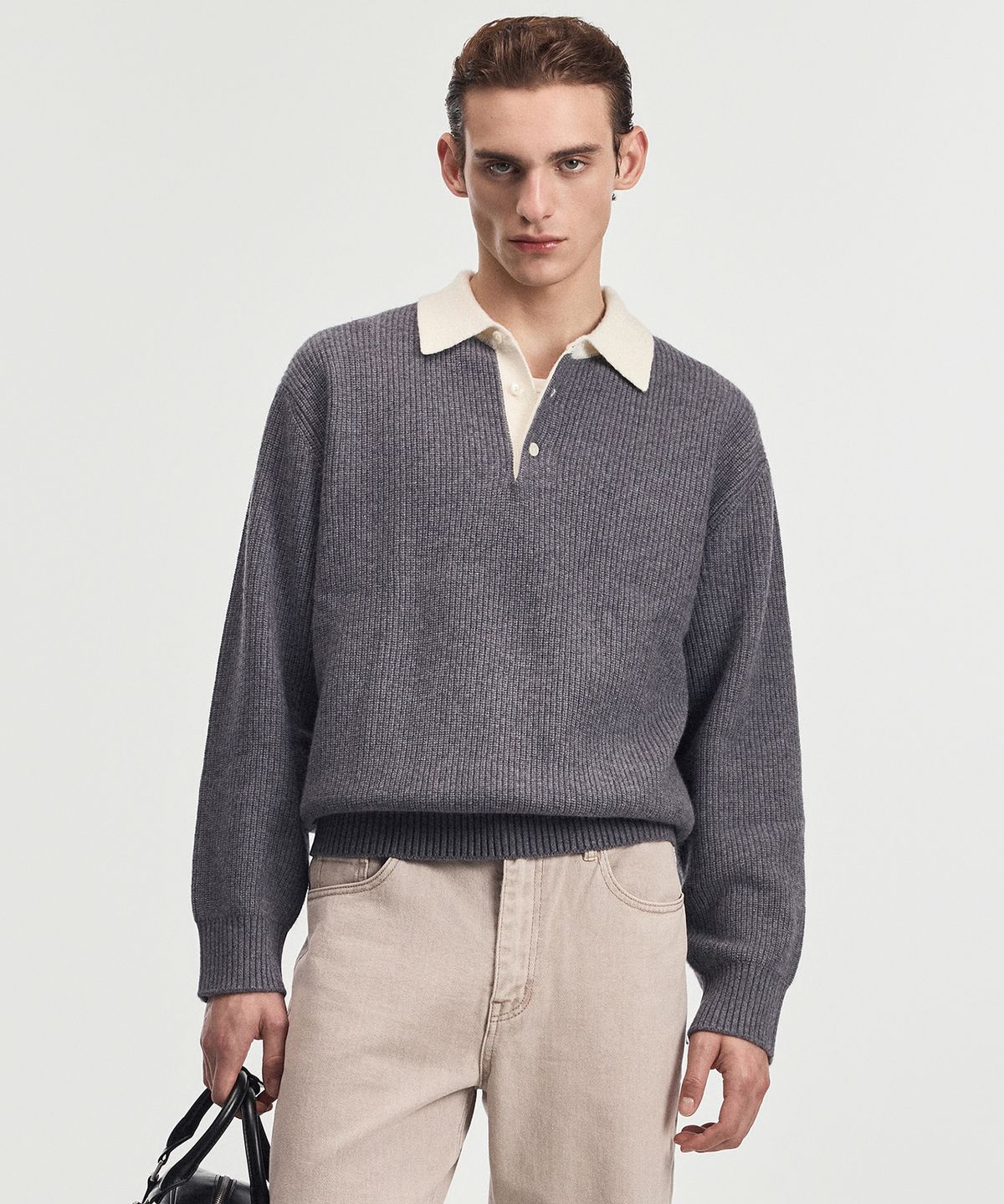 티엔지티(TNGT) Cashmere Blended Oversize Rugby Polo Knit Top (Grey) TNSW6F111G2