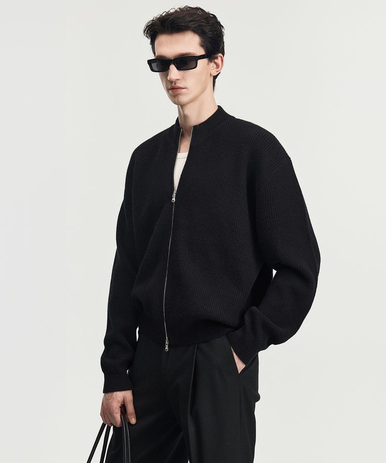 Cashmere Blend Full-Zip Knit Top (Black) TNSW6F113BK