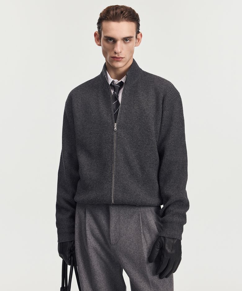 Cashmere Blend Full-Zip Knit Top (Charcoal) TNSW6F113CG
