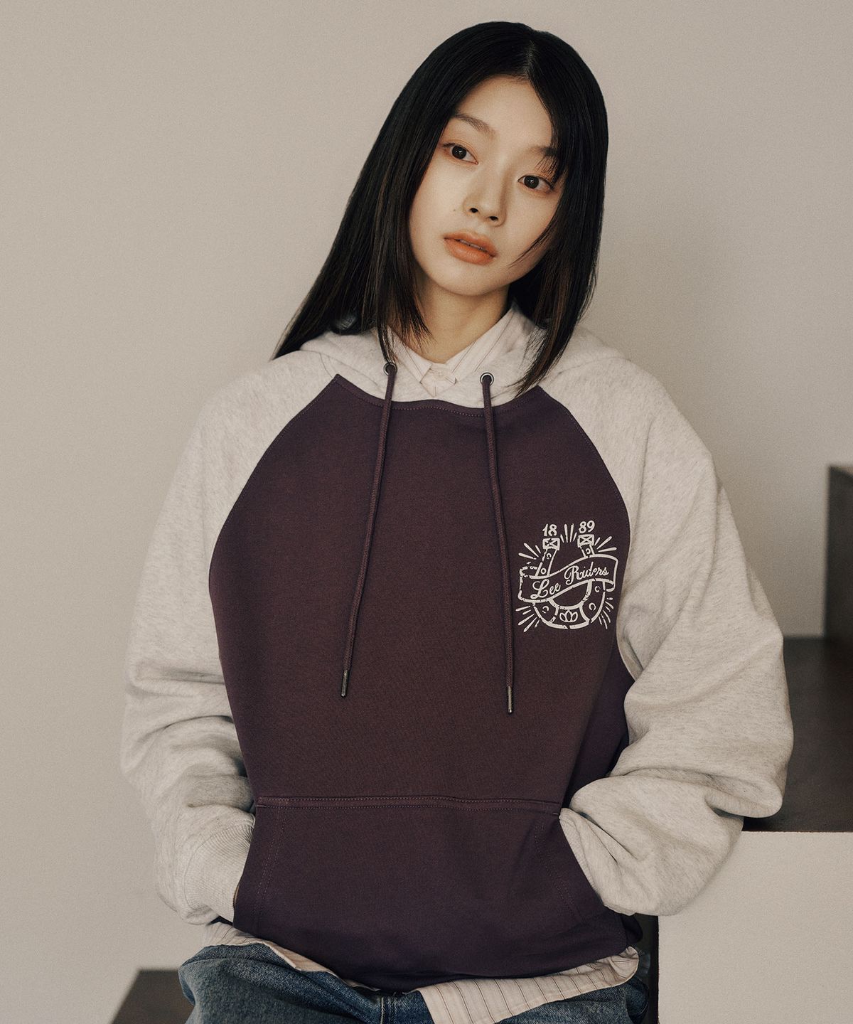 리(LEE) 래글런 후드 티셔츠 퍼플