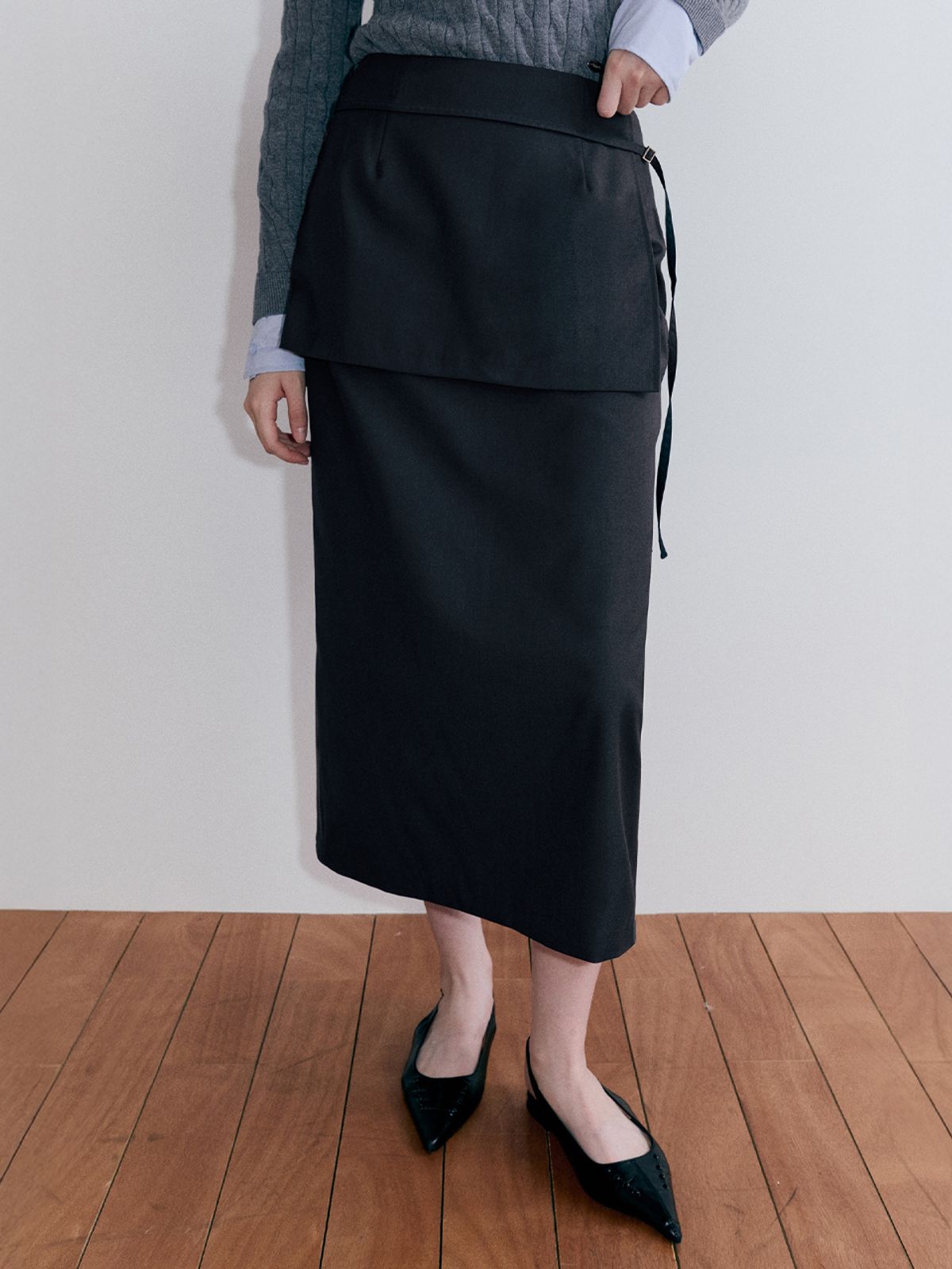 에트몽(ETMON) Buckle Strap Layered Skirt, Charcoal