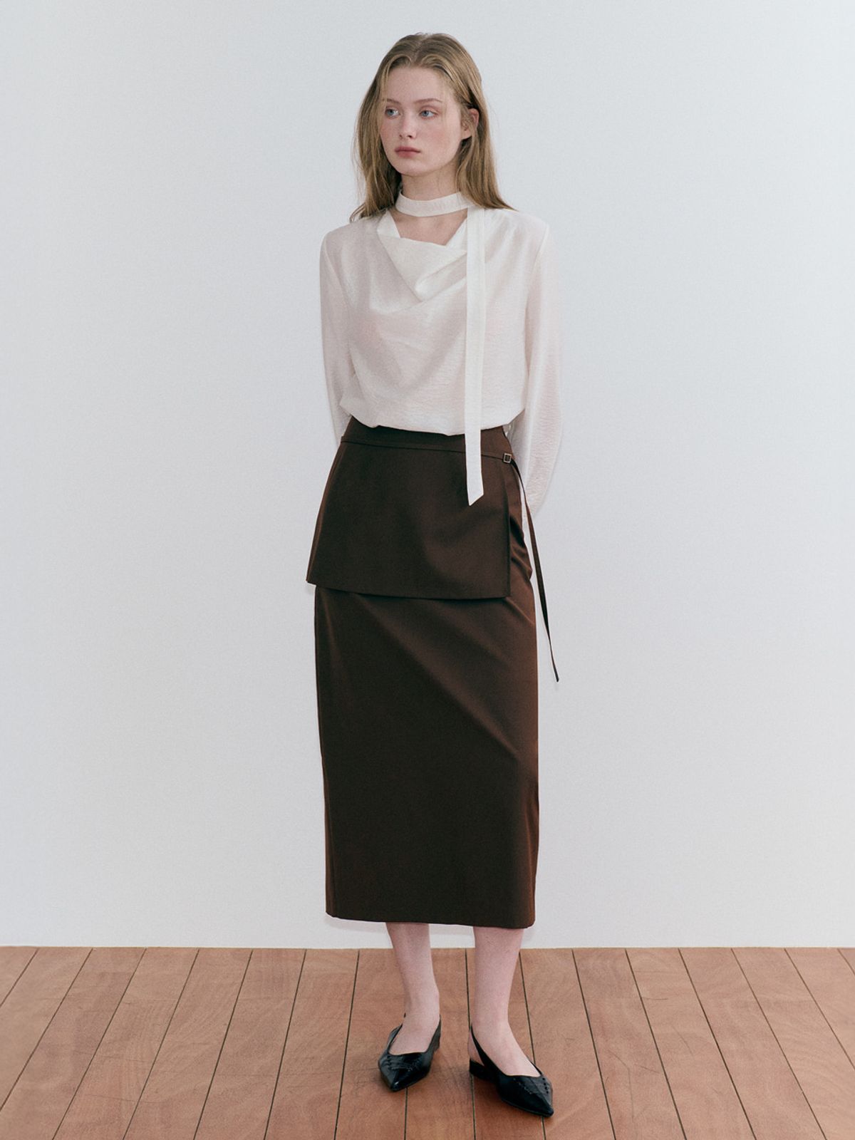 에트몽(ETMON) Buckle Strap Layered Skirt, Brown