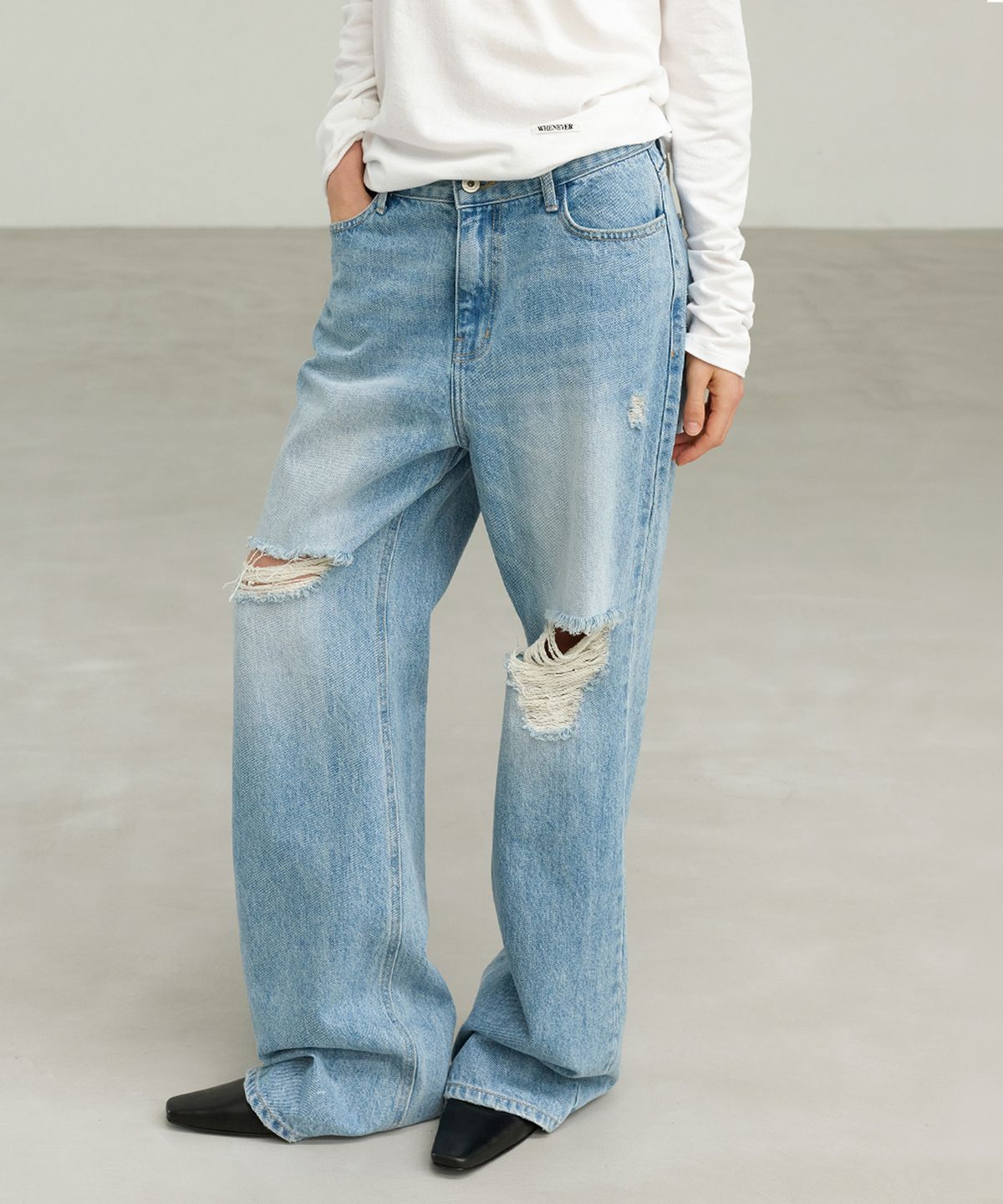 르바(LEVAR) Broken Relaxed Fit Denim - Light Blue