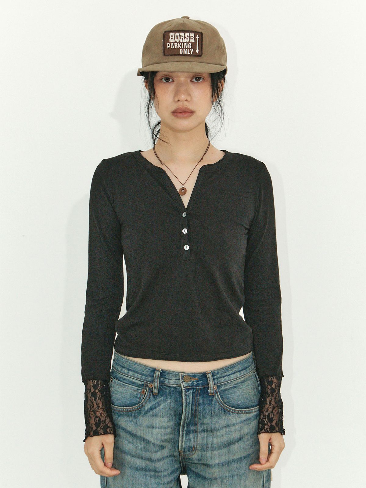이히하(YEEHEEHAA) lace point henry-neck T(BK)