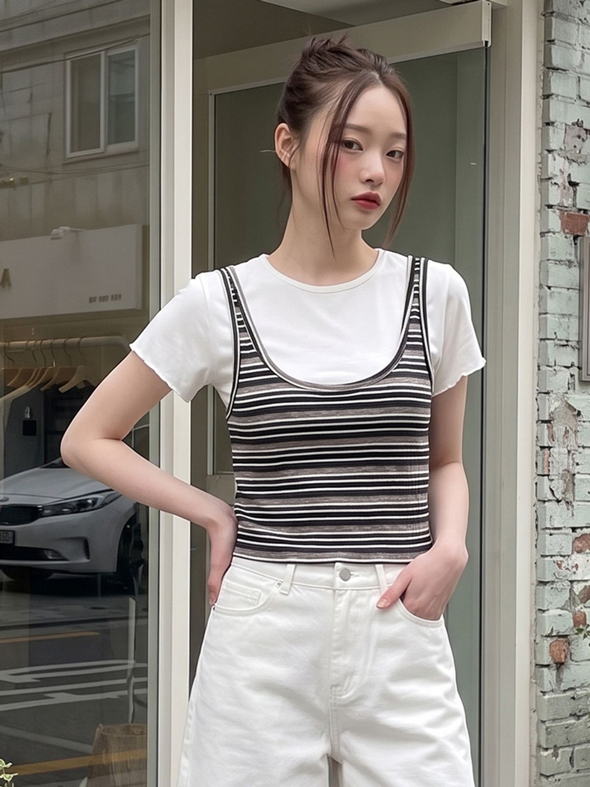 행텐(HANGTEN) 여성 레이어드 스트라이프 크롭 티셔츠_001(10580-131-626-69)