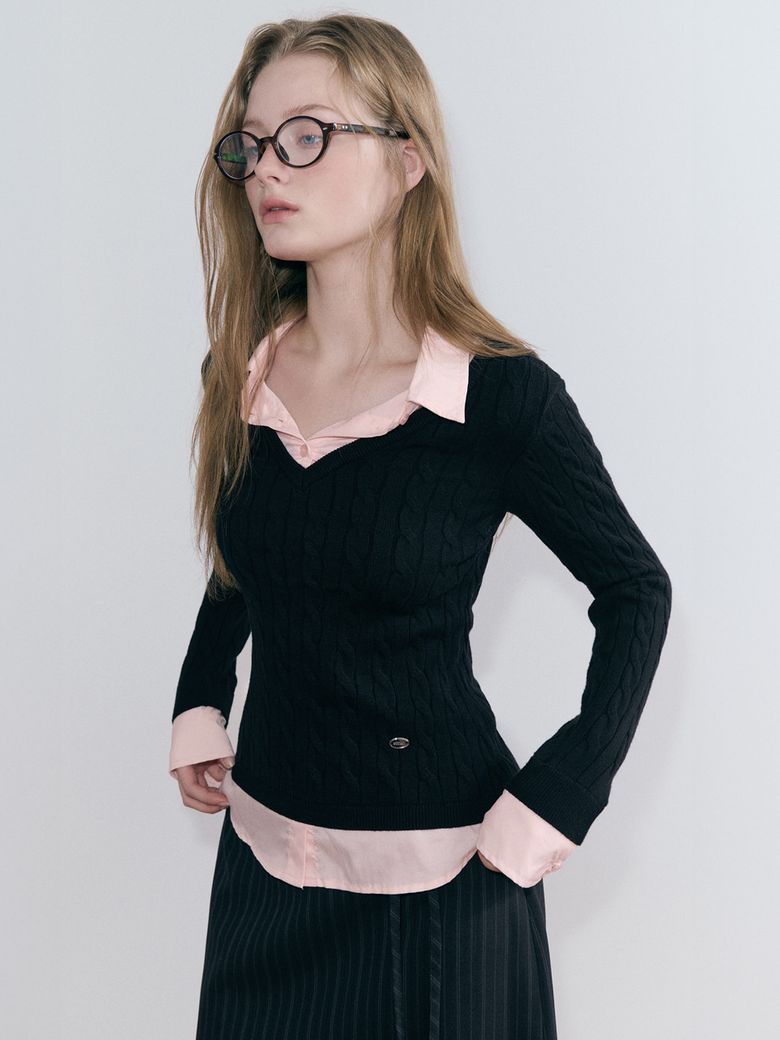 Layered Shirt Cable Knit, Black