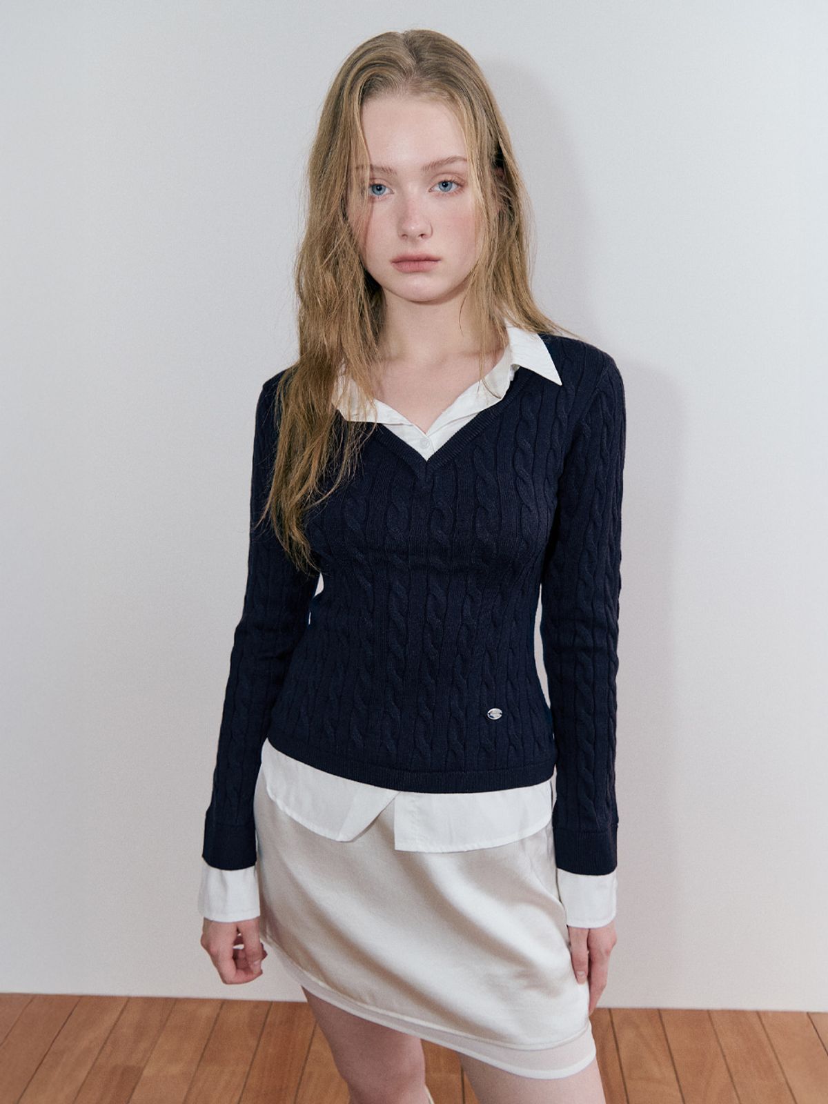 에트몽(ETMON) Layered Shirt Cable Knit, Navy