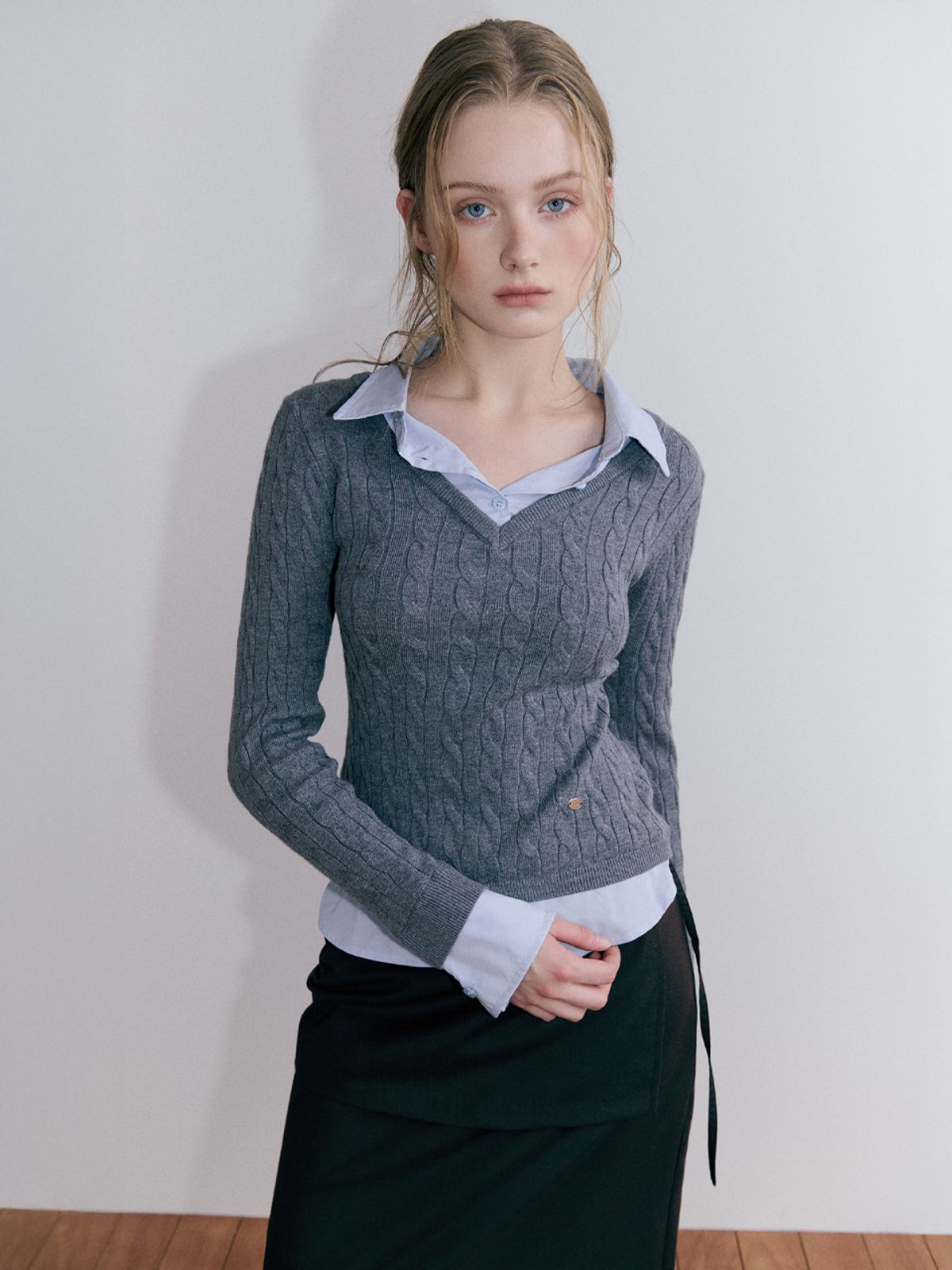 에트몽(ETMON) Layered Shirt Cable Knit, Grey