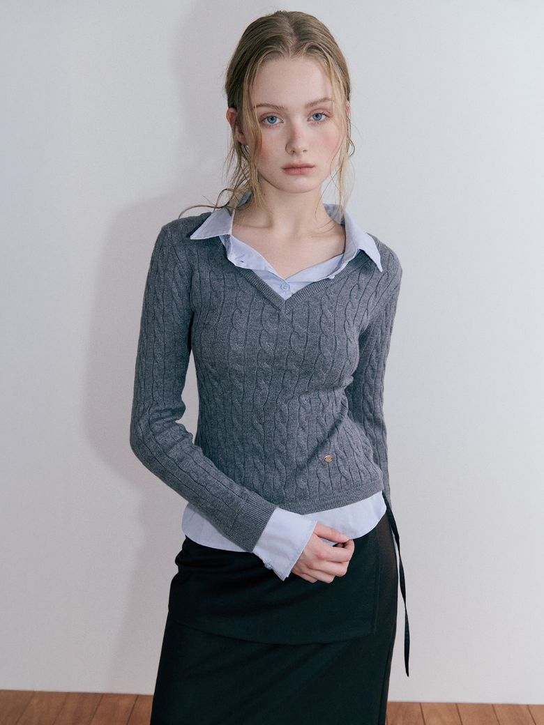 Layered Shirt Cable Knit, Grey