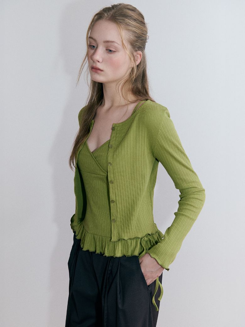 Frill Ribbed Cardigan Set, Olive