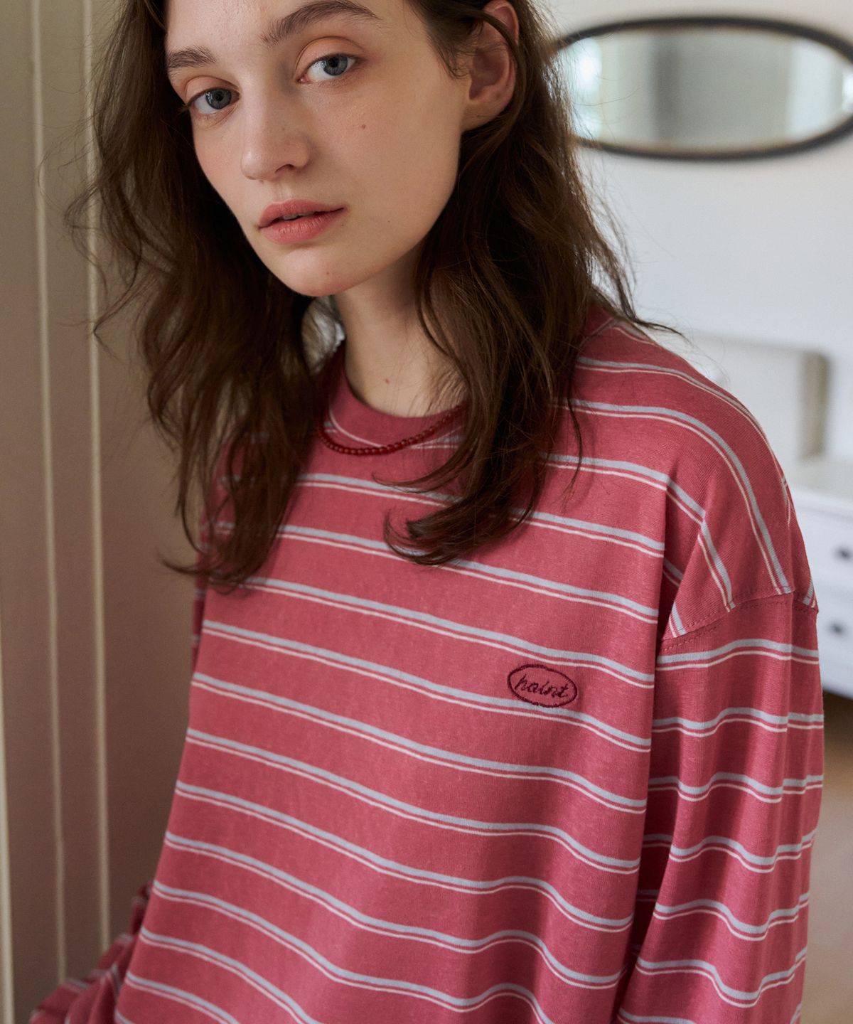 헤인트(HAINT) VETA TENCEL STRIPE LONG SLEEVE_BURGUNDY