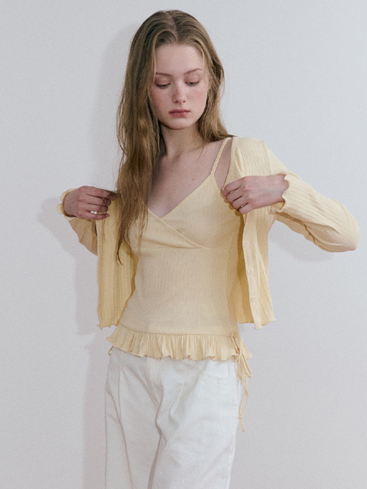에트몽(ETMON) Frill Ribbed Cardigan Set, Butter Yellow
