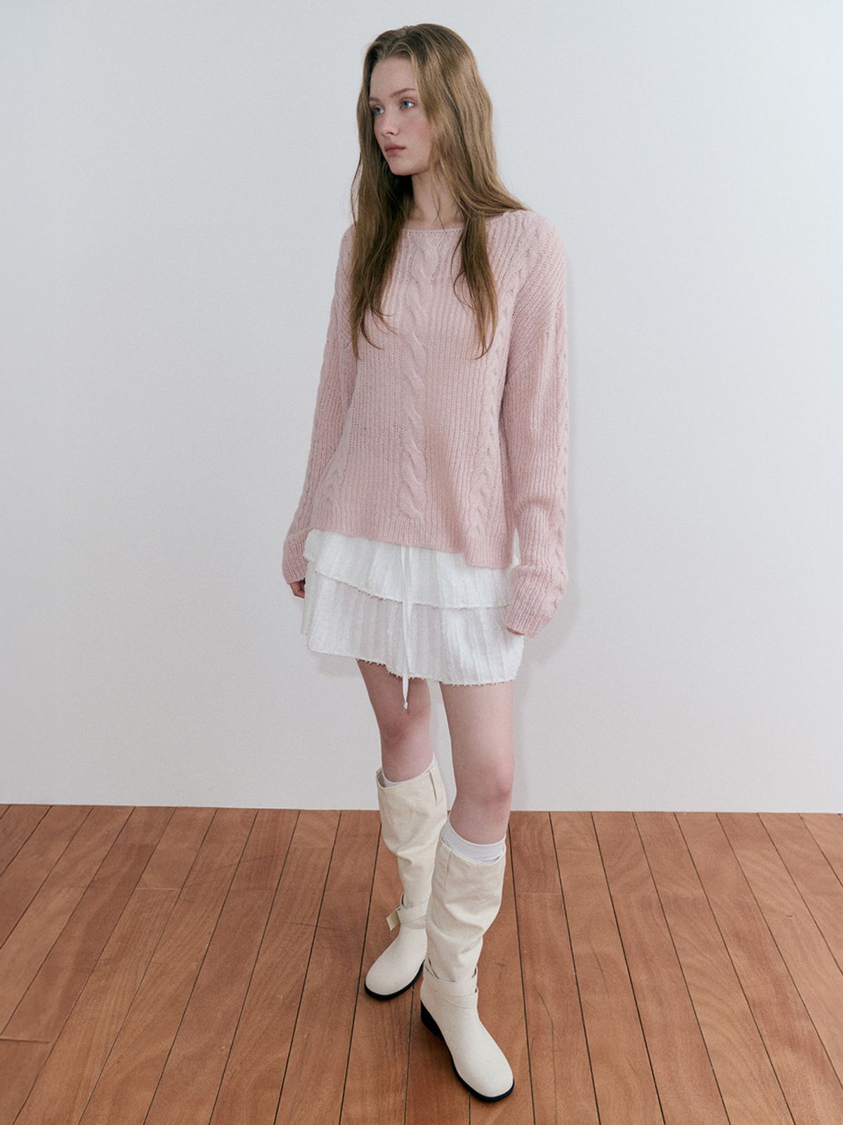 에트몽(ETMON) Boat-Neck Cable Knit Pullover, Light Pink