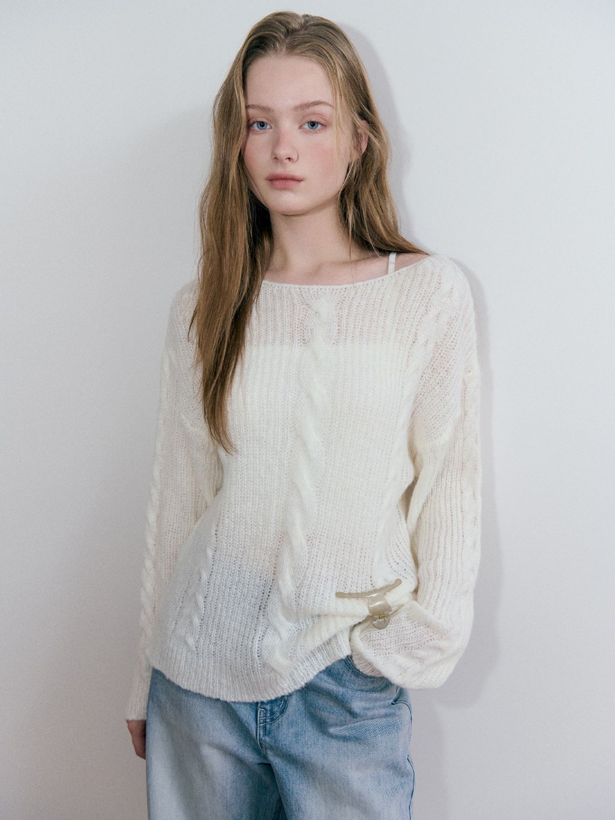 에트몽(ETMON) Boat-Neck Cable Knit Pullover, Ivory