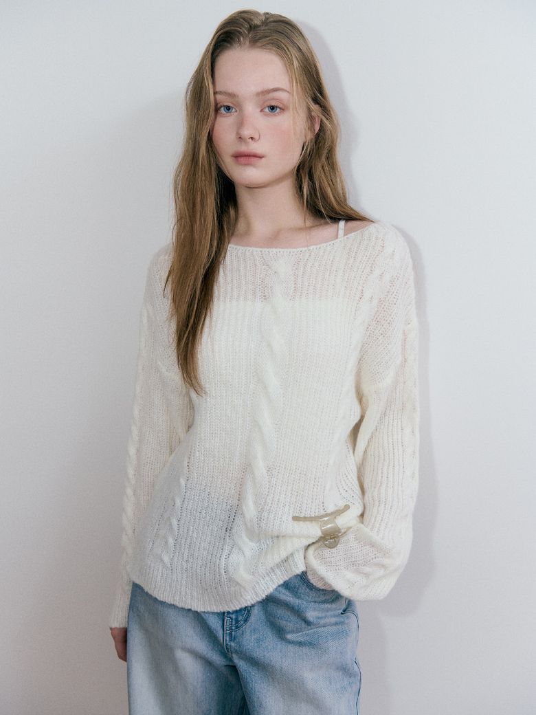 Boat-Neck Cable Knit Pullover, Ivory