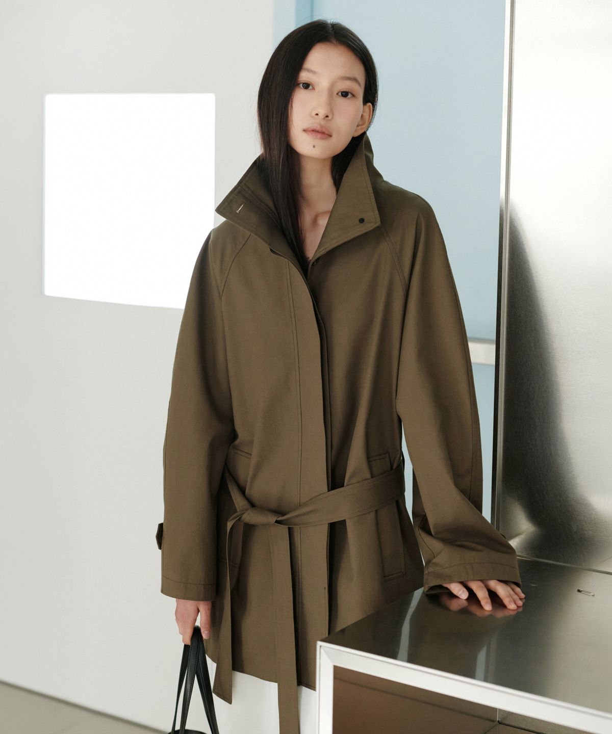 유라고(URAGO) High neck belted trench coat_Khaki brown