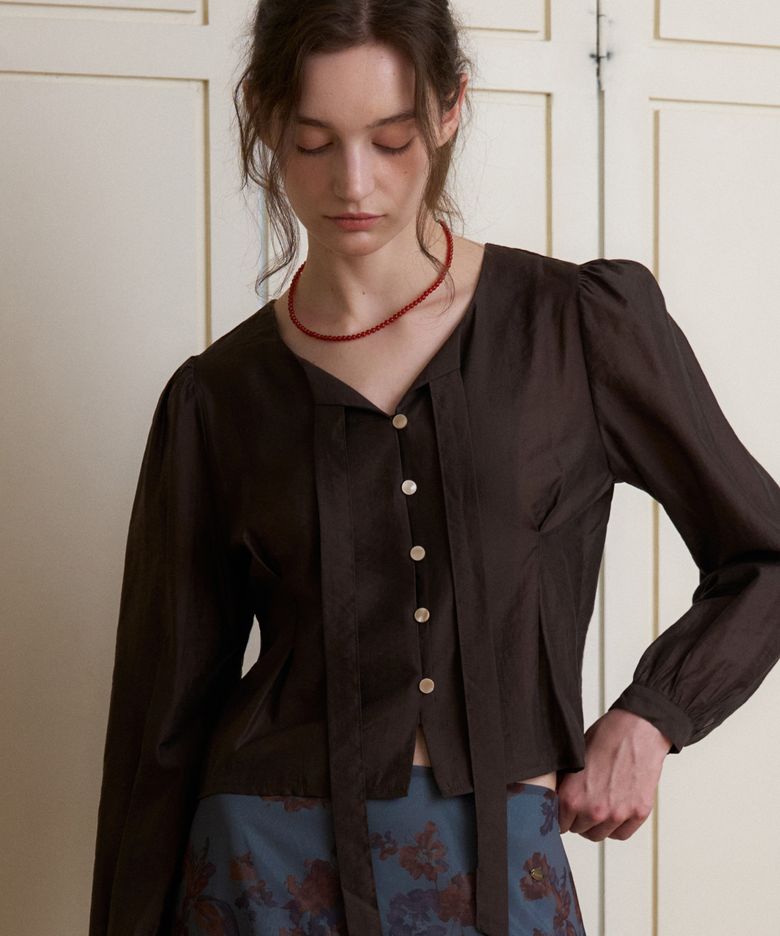 DOVA SOFT TIE_NECK BLOUSE 2COL_BROWN