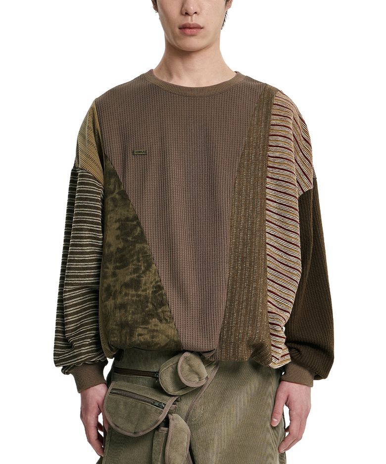 Mixed Fabric Panel Sweatshirt [BROWN]