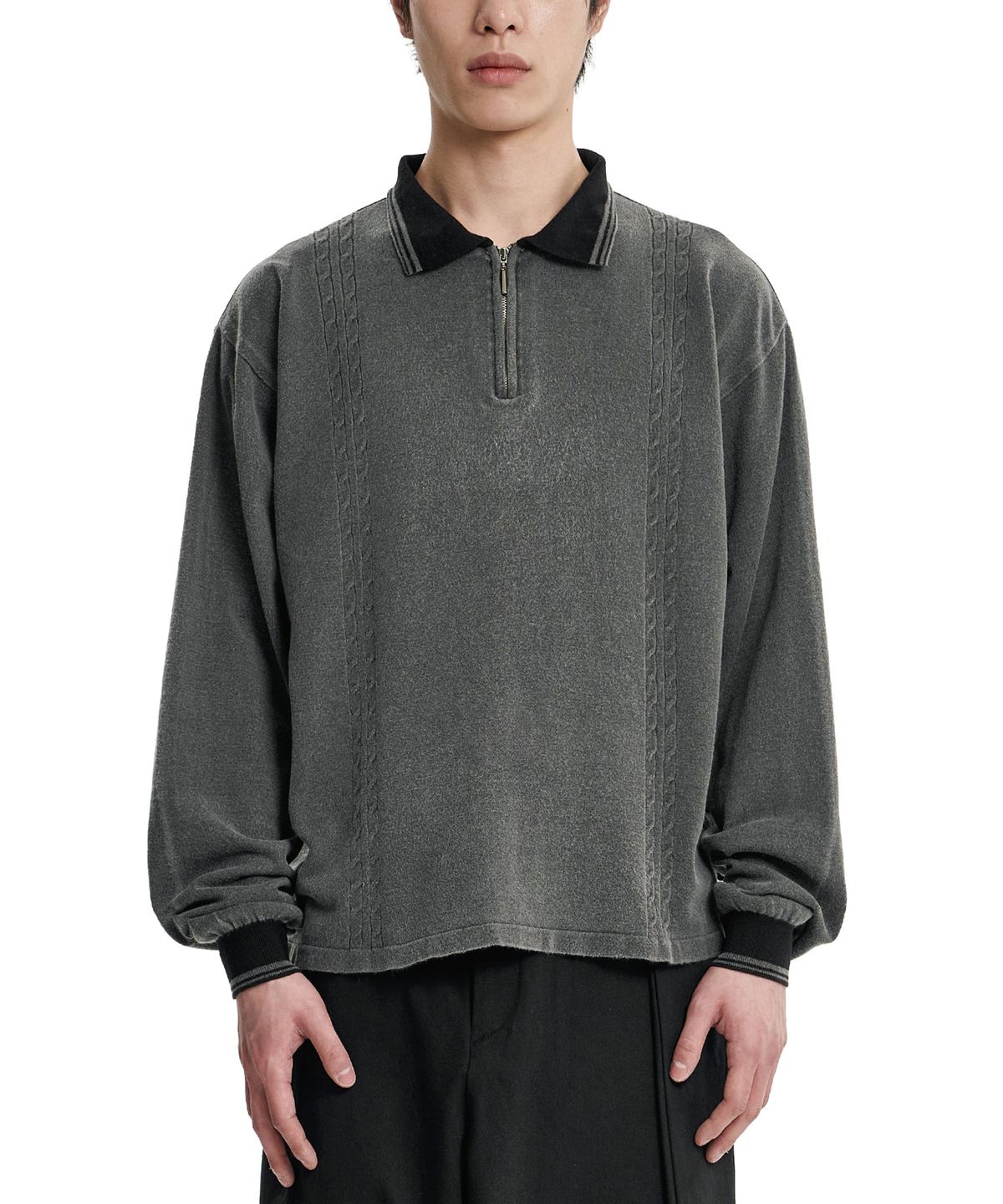 아조바이아조(AJOBYAJO) [RWK] Washed Cable Stitch Collar Zip-Up [CHARCOAL]