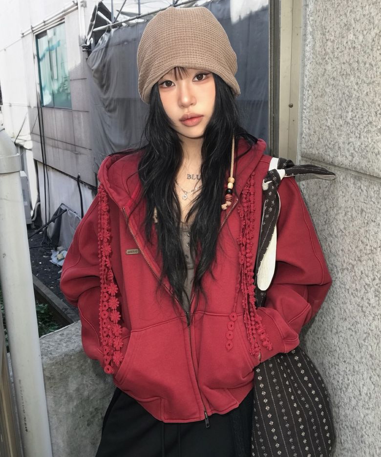 [ZGGU] Laced Multi-Drawstring Zip-Up Hoodie [BURGUNDY]