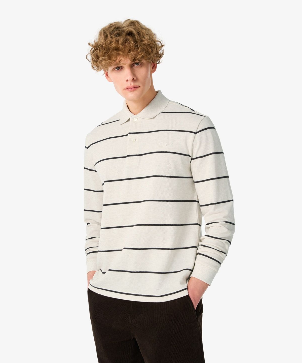 라코스테(LACOSTE) 남성 핀 스트라이프 긴팔 피케 폴로 셔츠 PH362E-56N I18